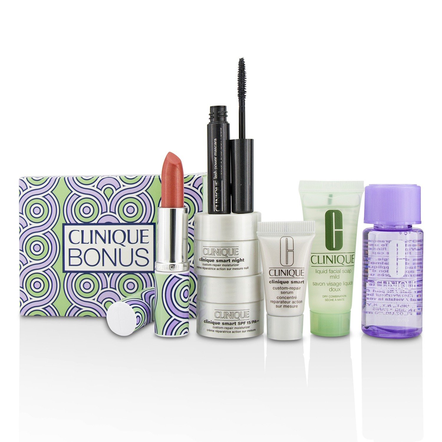 Clinique Bonus Travel Set: M/U Remover + Facial Soap + Repair Serum + 2x Moisturizer + Mascara + Lip Color 7pcs