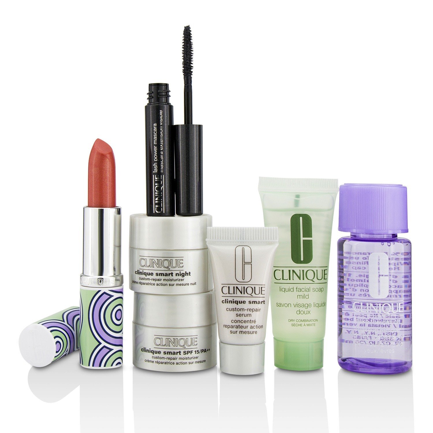 Clinique Bonus Travel Set: M/U Remover + Facial Soap + Repair Serum + 2x Moisturizer + Mascara + Lip Color 7pcs