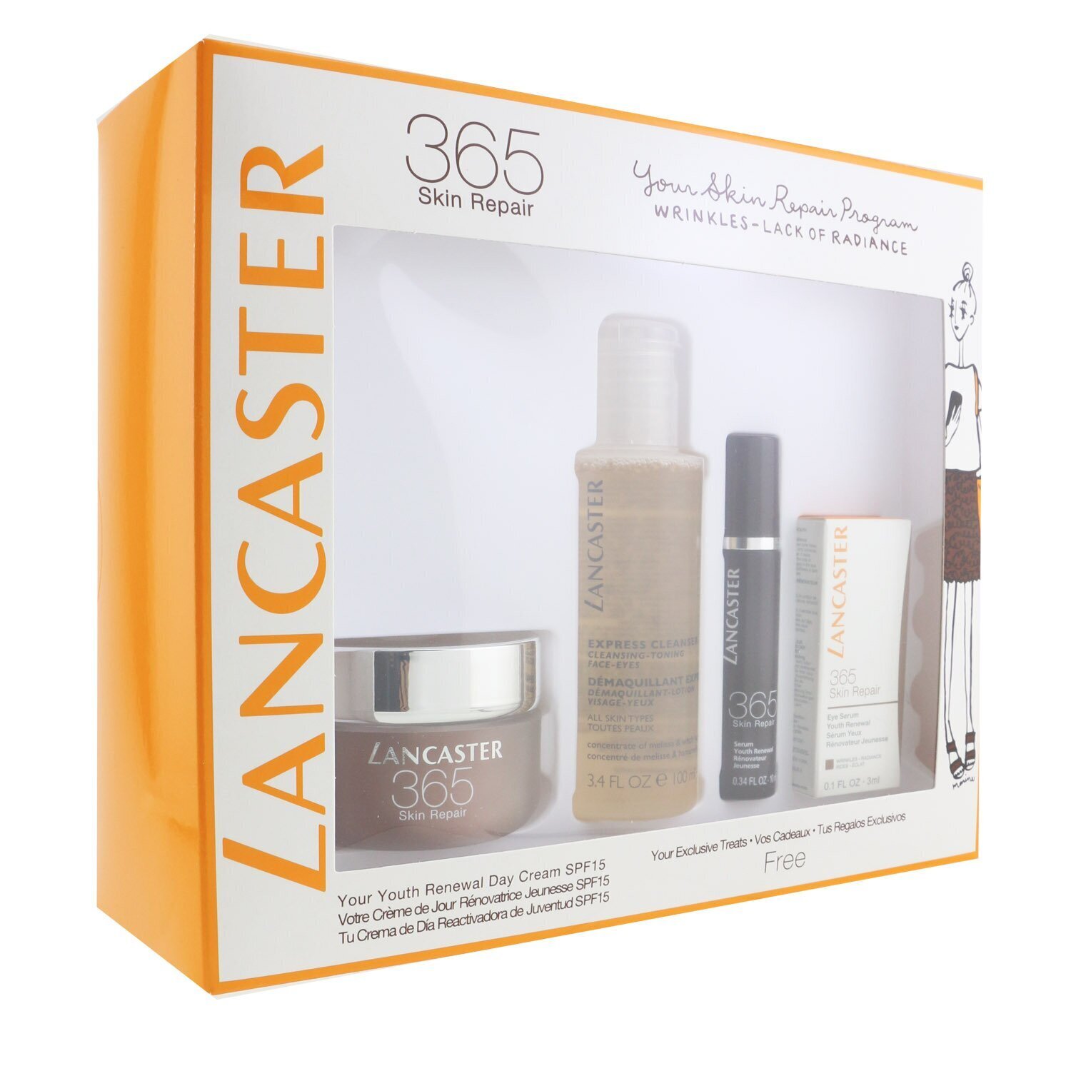 Lancaster 365 Skin Repair Set: Youth Renewal Day Cream 50ml+ Serum Youth Renewal 10ml+ Eye Serum 3ml+ Express Cleanser 100ml 4pcs