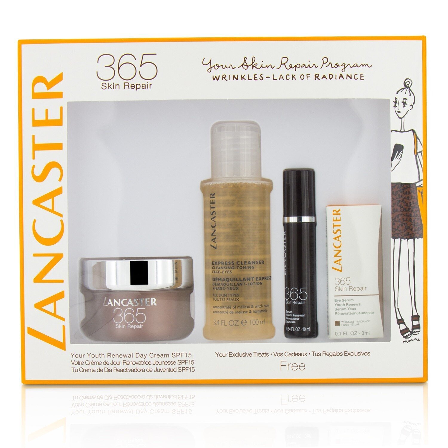 Lancaster 365 Skin Repair Set: Youth Renewal Day Cream 50ml+ Serum Youth Renewal 10ml+ Eye Serum 3ml+ Express Cleanser 100ml 4pcs