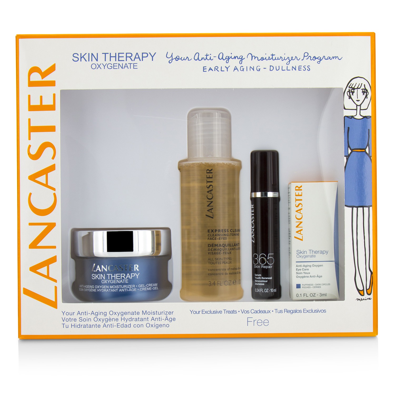 ランカスター Lancaster Skin Therapy Oxygenate Set: Moisturizer Gel-Cream 50ml+ Serum Youth Renewal 10ml+ Eye Care 3ml+ Express Cleanser 100ml 4pcs