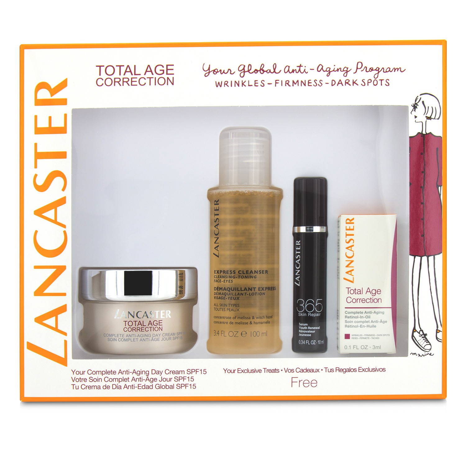 Lancaster Total Age Correction Set: Anti-Aging Day Cream 50ml+ Serum Youth Renewal 10ml+ Retinol-In-Oil 3ml+ Express Cleanser 100ml 4pcs