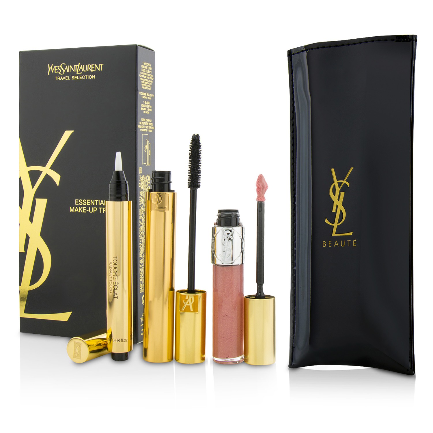 Yves Saint Laurent Essential Make Up Trio Set : 1x Mascara + 1x Touche Eclat + 1x Gloss Volupte + 1x Bag 3pcs+1bag