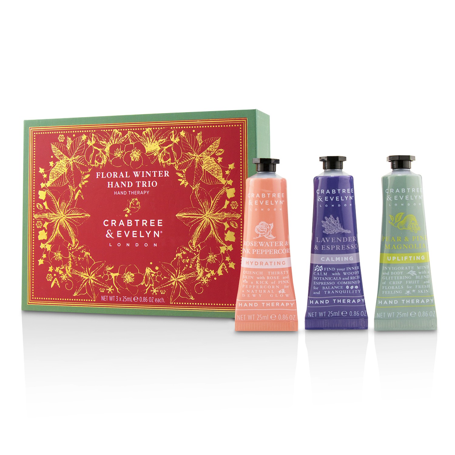 Crabtree & Evelyn Floral Winter Hand Trio (1x Lavender & Espresso, 1x Rosewater & Pink Peppercorn, 1x Pear & Pink Magnolia) 3x25ml/0.86oz