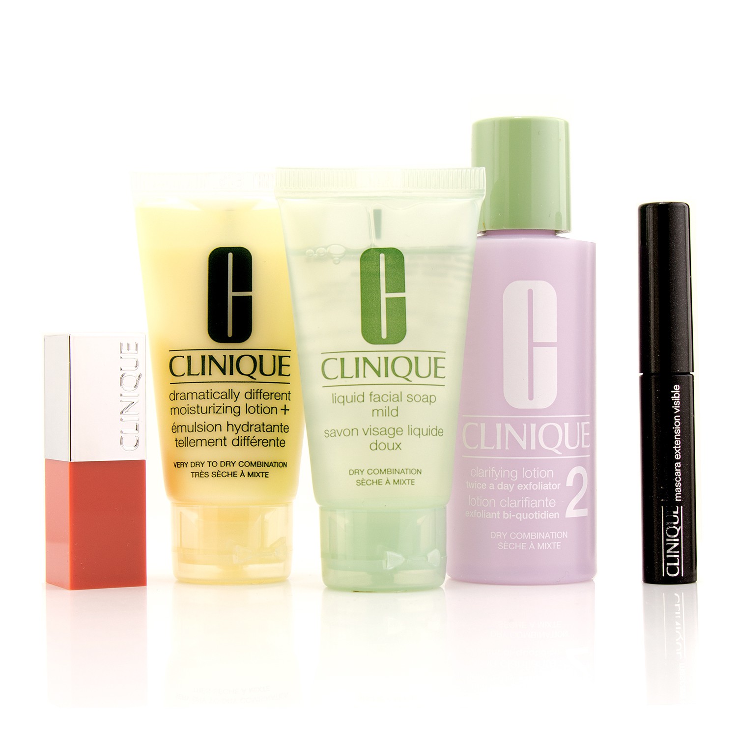 Clinique نظام عناية بالبشرة من 3 خطوات (للبشرة من نوع 2): صابون سائل لطيف للوجه + غسول منقي 2 + DDML + مسكارا فعالة Power Lash + Clinique Pop للشفاه 5pcs