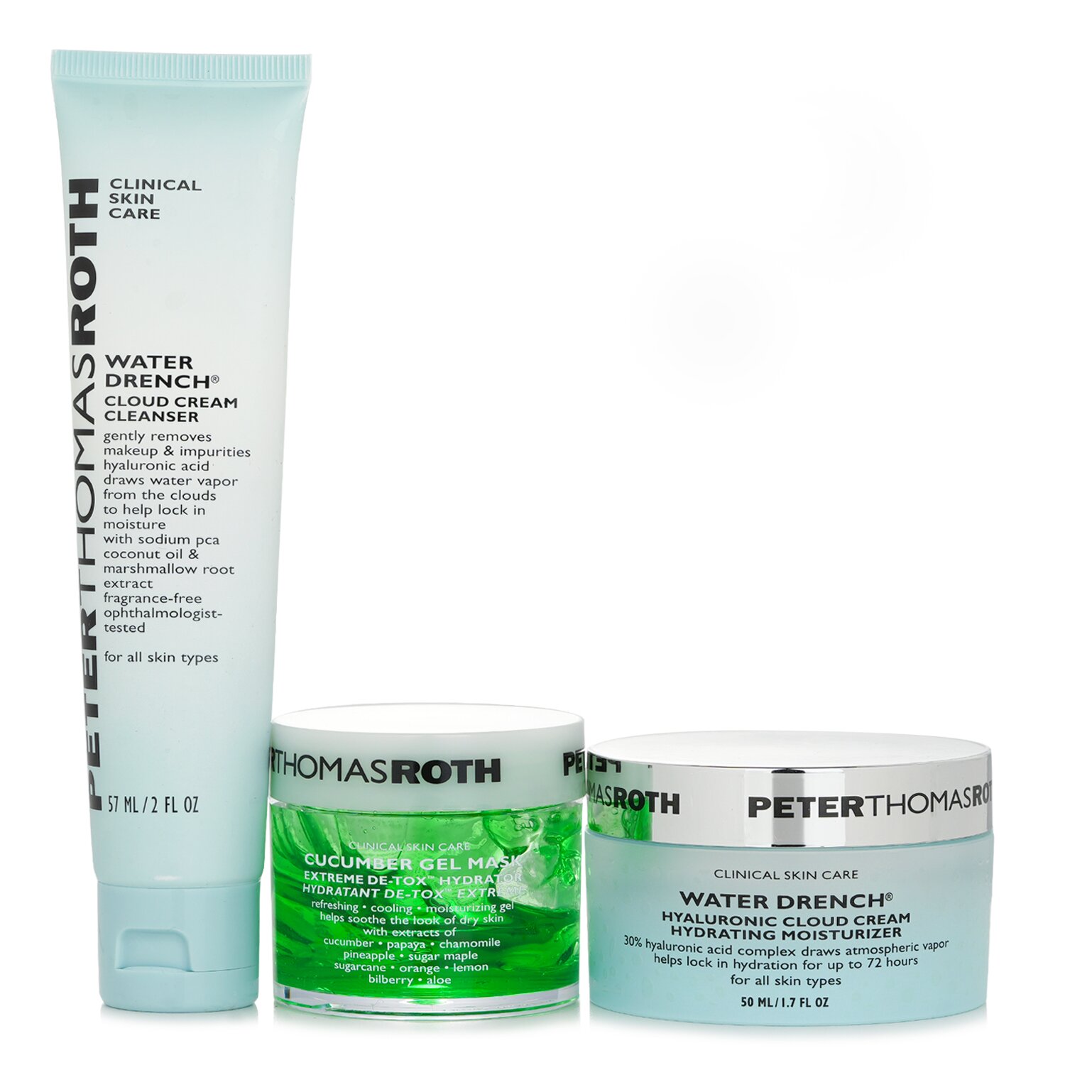 Peter Thomas Roth Kit Soak It Up: Water Drench Cloud Crema Hidratante 50ml + Water Drench Cloud Crema Limpiadora 57ml + Cucumber Gel Mascarilla 50ml 3pcs