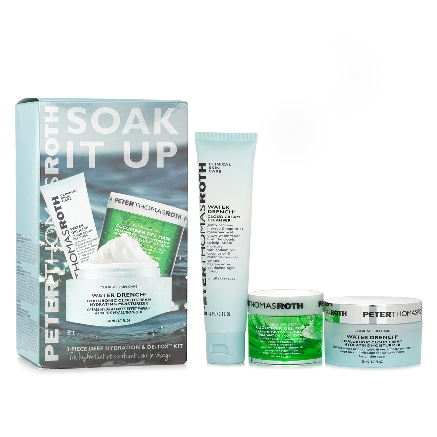 Peter Thomas Roth Kit Soak It Up: Water Drench Cloud Crema Hidratante 50ml + Water Drench Cloud Crema Limpiadora 57ml + Cucumber Gel Mascarilla 50ml 3pcs