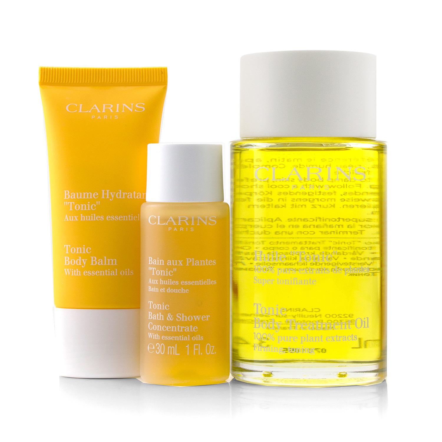 Clarins At-Home Pampering Body Kit: 1x Tonic Body Treatment Oil, 1x Bath & Shower Concentrate, 1x Tonic Body Balm 3pcs