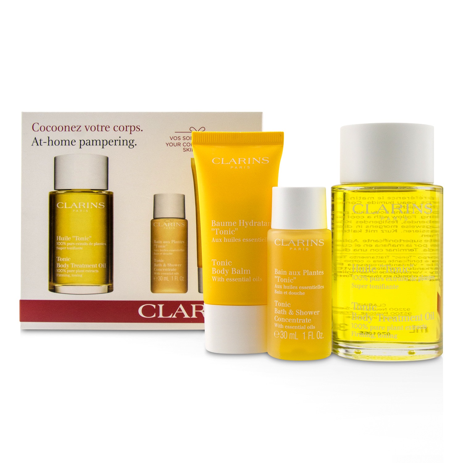 Clarins At-Home Pampering Body Kit: 1x Tonic Body Treatment Oil, 1x Bath & Shower Concentrate, 1x Tonic Body Balm 3pcs