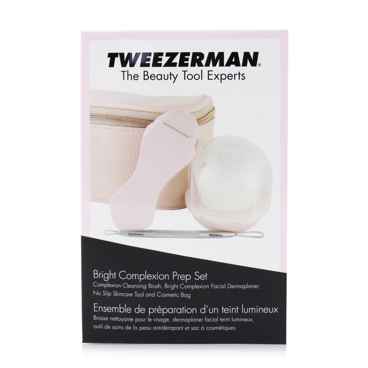 Tweezerman Bright Complexion Prep Set: Complexion Cleansing Brush + Bright Complexion Facial Dermaplaner + No Slip Skincare Tool + Bag 3pcs + 1 Bag