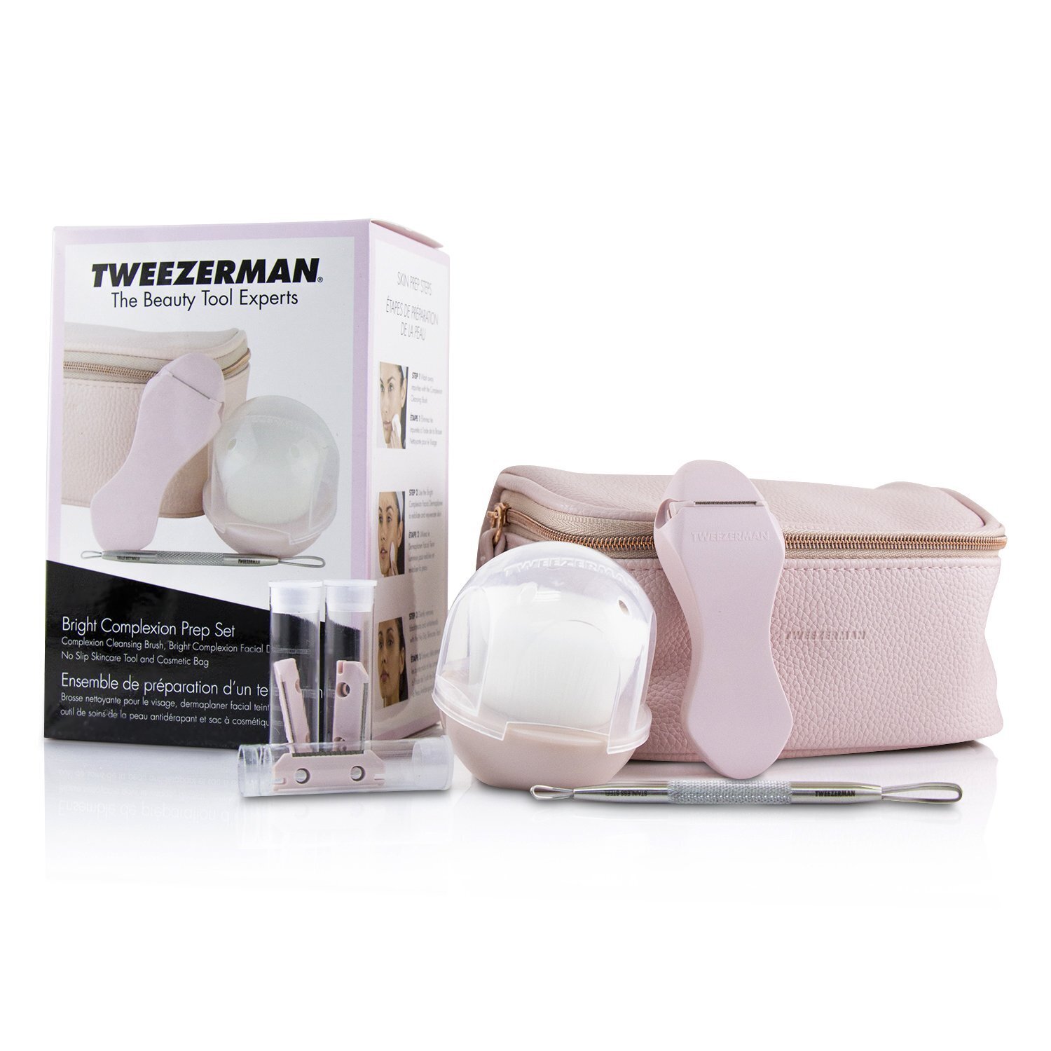 Tweezerman Bright Complexion Prep Set: Complexion Cleansing Brush + Bright Complexion Facial Dermaplaner + No Slip Skincare Tool + Bag 3pcs + 1 Bag