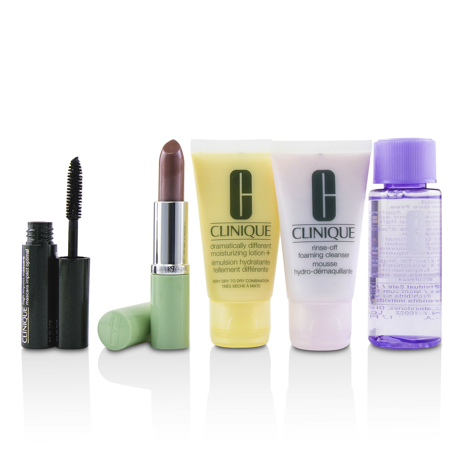 Clinique Bonus Set de Viaje: Removedor de Maquillaje 50ml+ Limpiador Espumoso 30ml+ DDML+ 30ml+ Máscara de Alto Impacto 3.5ml+ Pintalabios de Larga Duración 3.8g+ Bag 5pcs+1bag