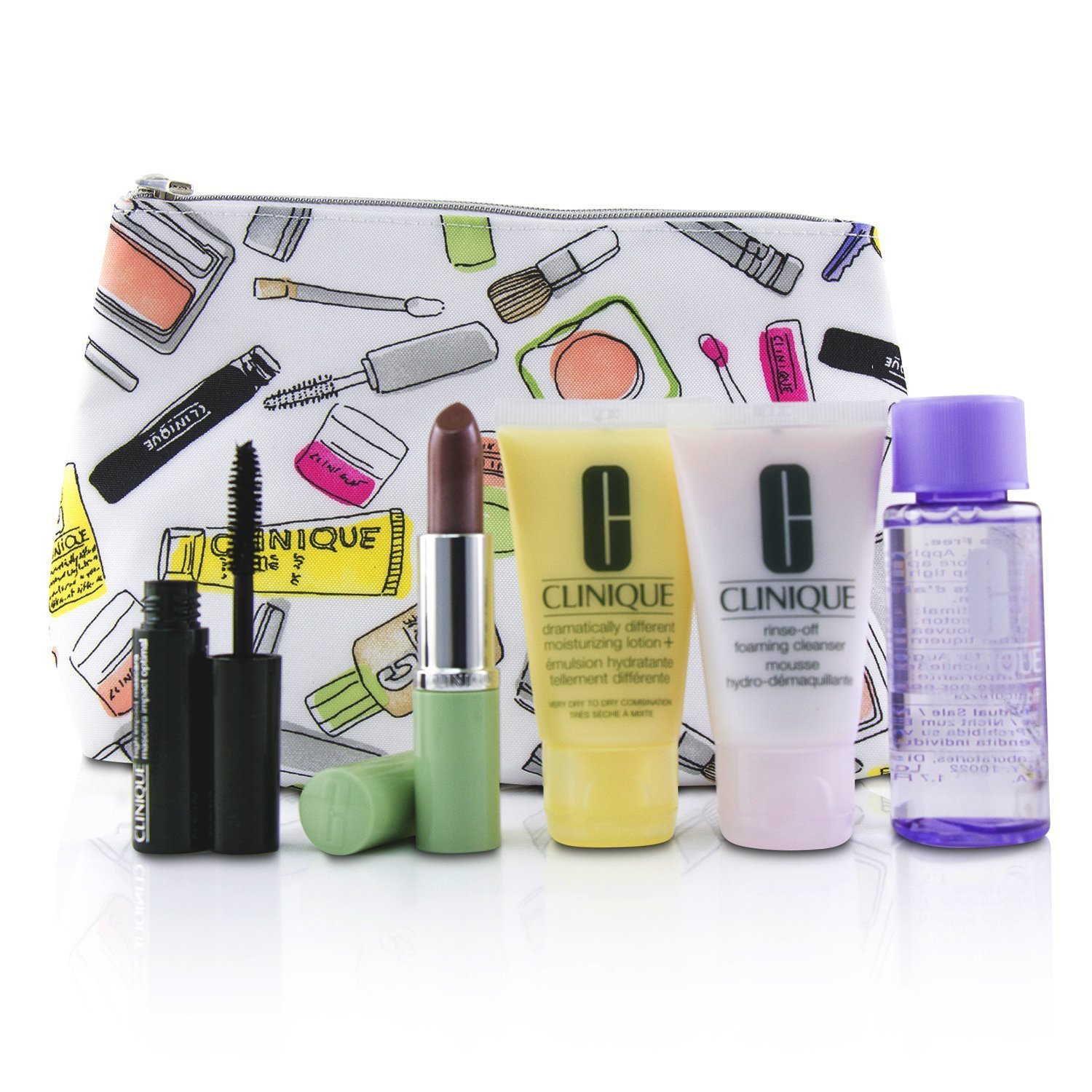 Clinique Bonus Set de Viaje: Removedor de Maquillaje 50ml+ Limpiador Espumoso 30ml+ DDML+ 30ml+ Máscara de Alto Impacto 3.5ml+ Pintalabios de Larga Duración 3.8g+ Bag 5pcs+1bag