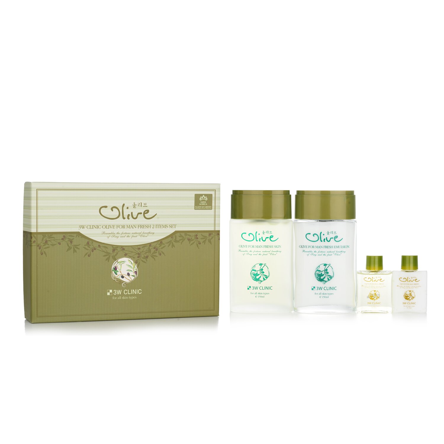 3W Clinic مجموعة Olive For Man: 2x Fresh Skin، 2x مستحلب منعش 4pcs