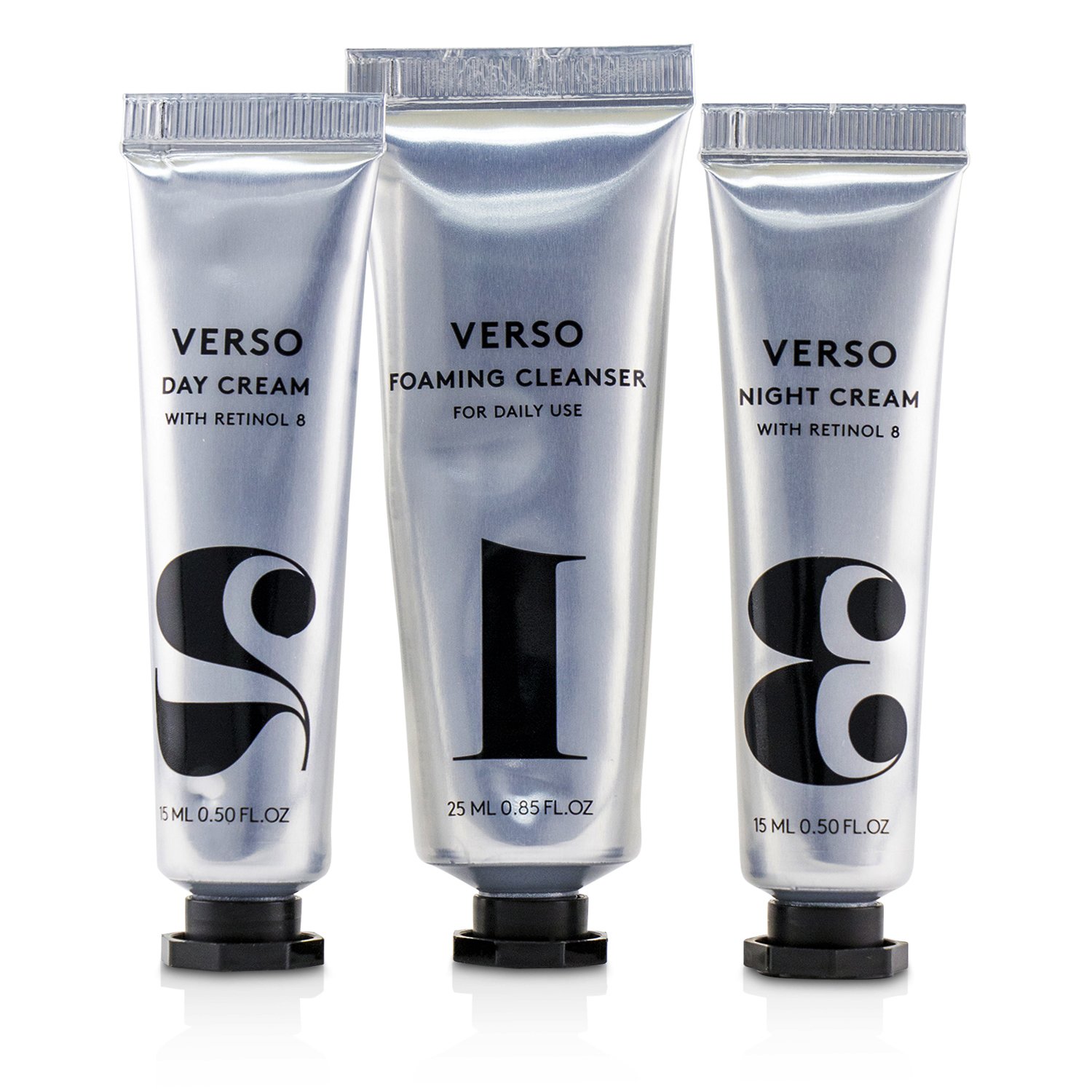 VERSO Set Series de Viaje: Limpiador Espumoso 25ml + Crema de Día 15ml + Crema de Noche 15ml 3pcs