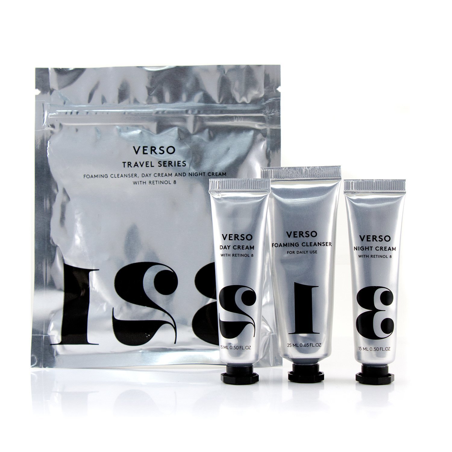 VERSO Set Series de Viaje: Limpiador Espumoso 25ml + Crema de Día 15ml + Crema de Noche 15ml 3pcs