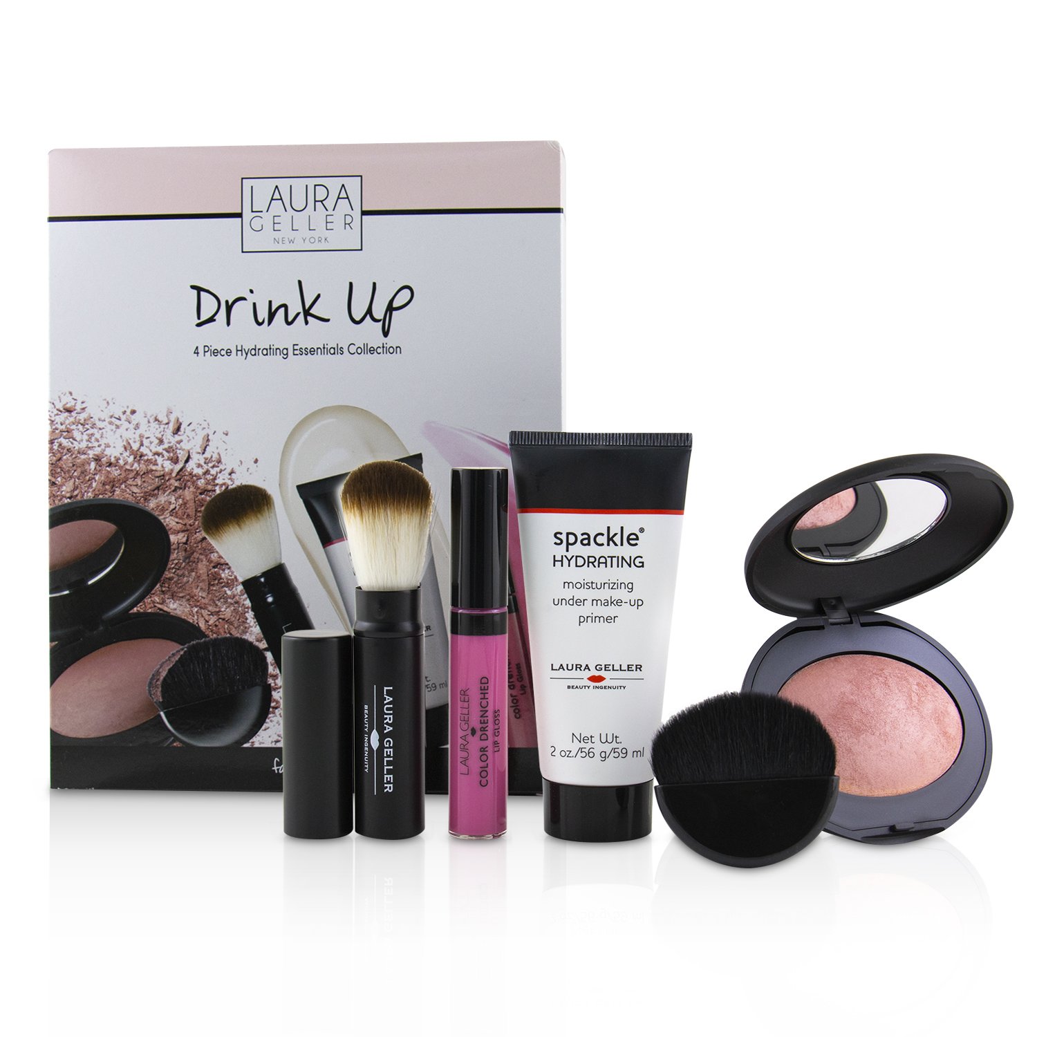 Laura Geller Drink Up 4 Piece Hydrating Essentials Collection (1x Primer, 1x Blush, 1x Lip Gloss, 1x Brush) 4pcs