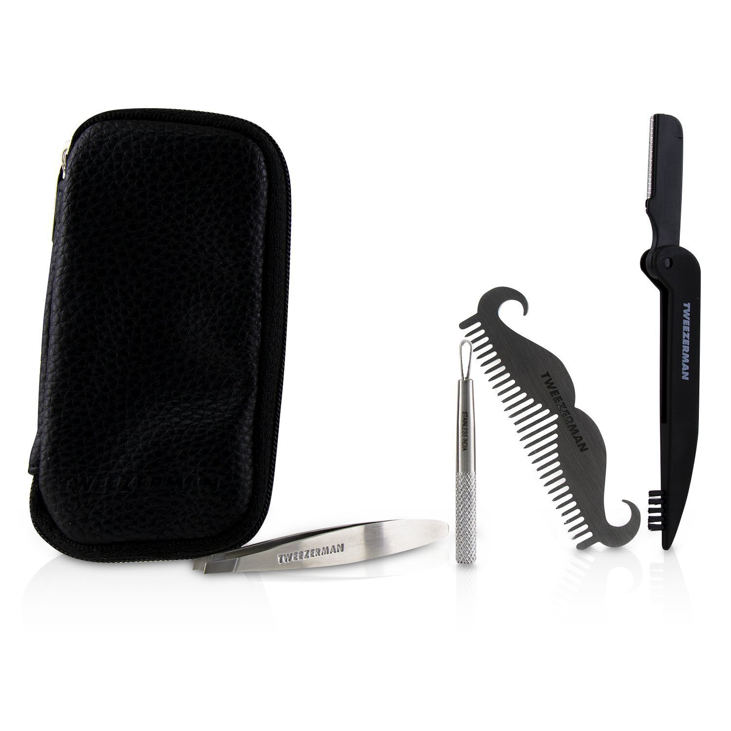 Tweezerman G.E.A.R. Travel Tool Essentials Set: Mini Slant Tweezer + Mini Skin Care Tool + Moustache Comb + Precision Folding Razor + Bag - סט נסיעות 4pcs+1 Bag