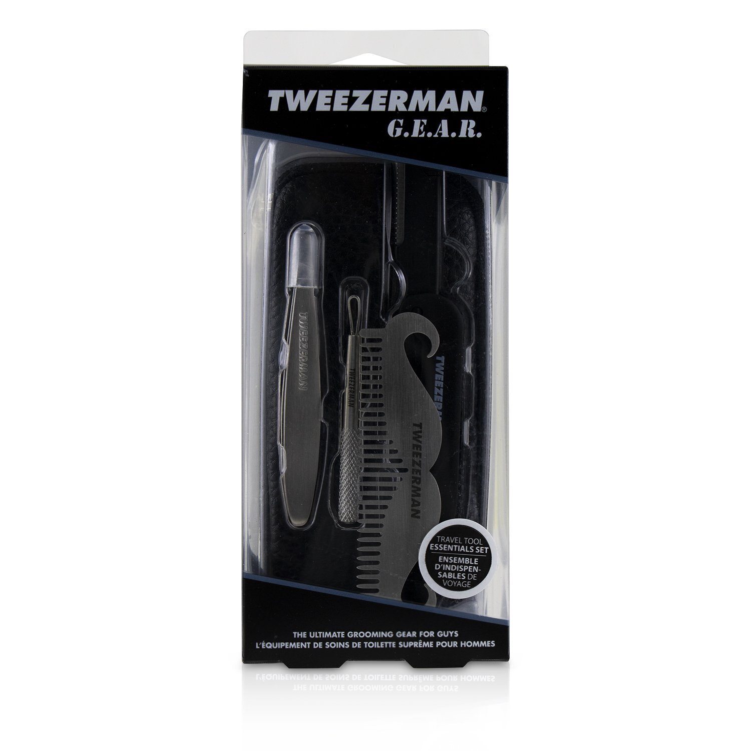 Tweezerman Set G.E.A.R. de Esenciales de Herramientas de Viaje: Mini Pinzas Inclinadas + Mini Herramienta de Cuidado de Piel + Cepillo de Bigote + Cuchilla de Afeitar de Precisión Doblable + Bolsa 4pcs+1 Bag