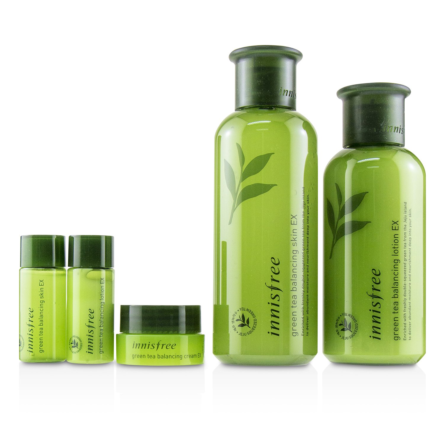 Innisfree Green Tea Balancing Skin Care Set EX: Balanceadora de Piel 200ml+15ml, Loción Balanceadora 160ml+15ml, Crema Balanceadora 10ml 5pcs