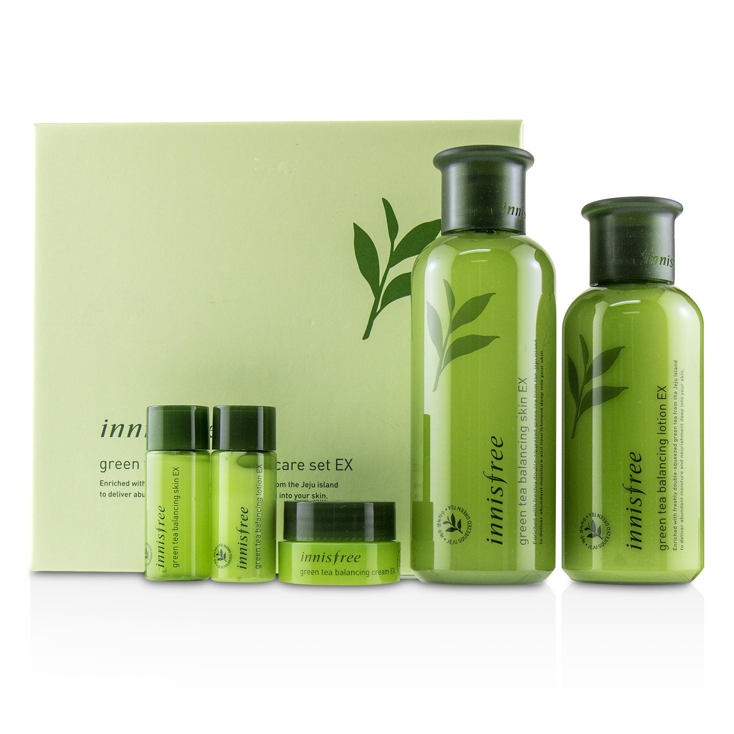 Innisfree Green Tea Balancing Skin Care Set EX: Balanceadora de Piel 200ml+15ml, Loción Balanceadora 160ml+15ml, Crema Balanceadora 10ml 5pcs