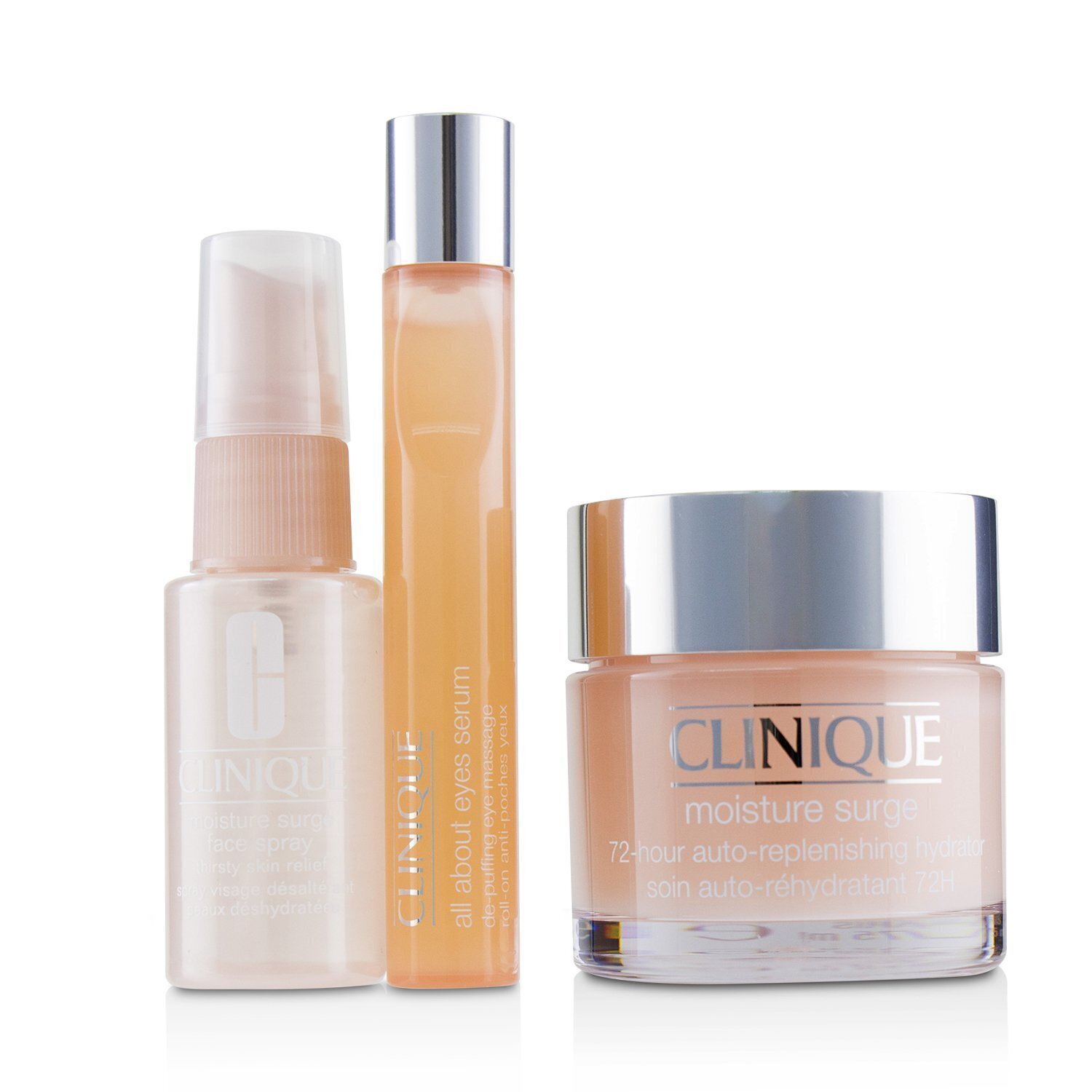 Clinique Set Moisture Surge: Impulso de Hidratación 72-Hr 75ml+ Suero Todo Acerca de Ojos 15ml+ Moisture Surge Spray Facial Alivio de Piel Sedienta 30ml 3pcs