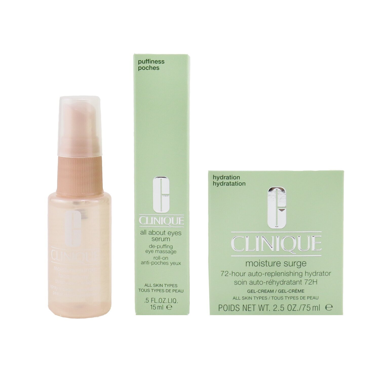 Clinique مجموعة Moisture Surge: Moisture Surge لمدة 72 ساعة 75مل + سيرم All About Eyes 15مل + مستكن لبشرة الوجه العطشى Moisture Surge 30مل 3pcs