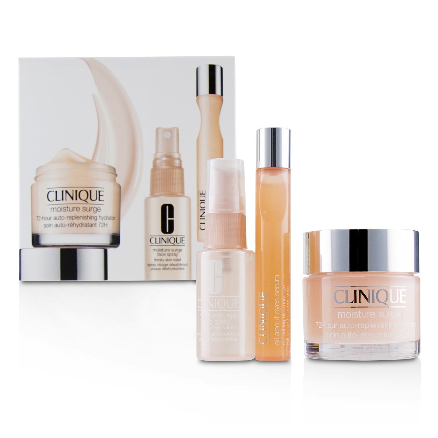 Clinique Set Moisture Surge: Impulso de Hidratación 72-Hr 75ml+ Suero Todo Acerca de Ojos 15ml+ Moisture Surge Spray Facial Alivio de Piel Sedienta 30ml 3pcs