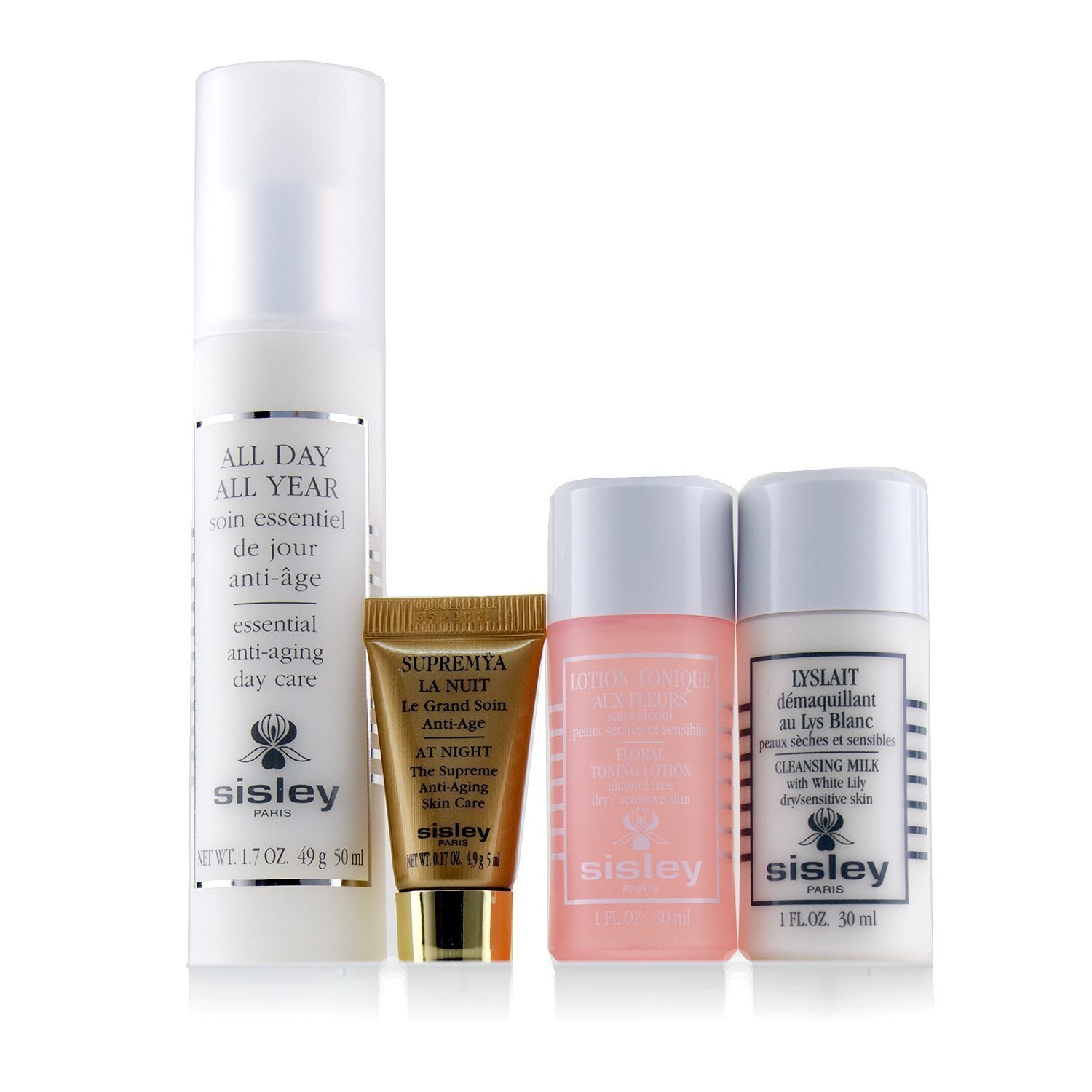 Sisley All Day All Year Essential Anti-Aging Program: All Day All Year 50ml + Cleansing Milk 30ml + Floral Toning Lotion 30ml + Supremya At Night 5ml 4pcs