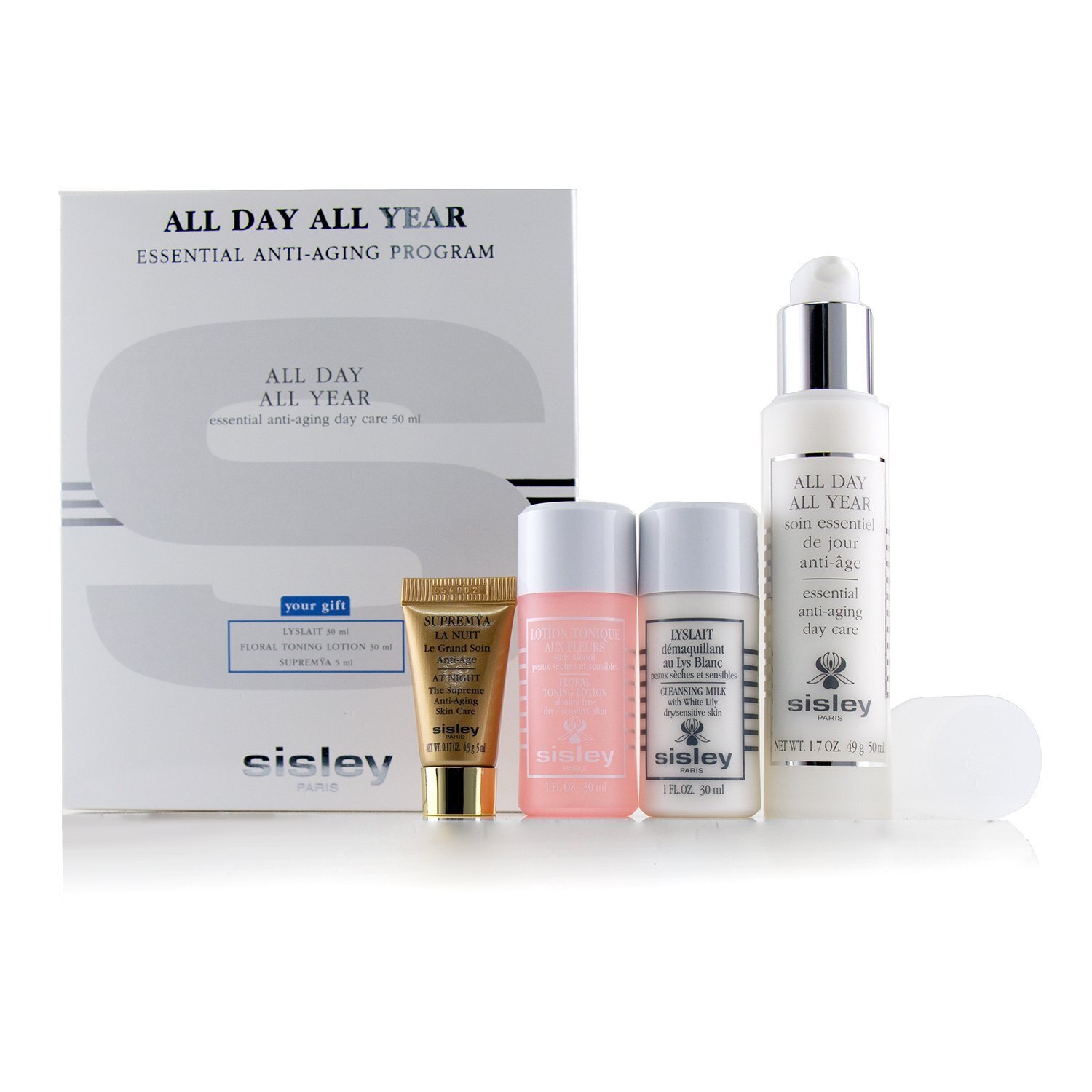 Sisley All Day All Year Essential Anti-Aging Program: All Day All Year 50ml + Cleansing Milk 30ml + Floral Toning Lotion 30ml + Supremya At Night 5ml 4pcs