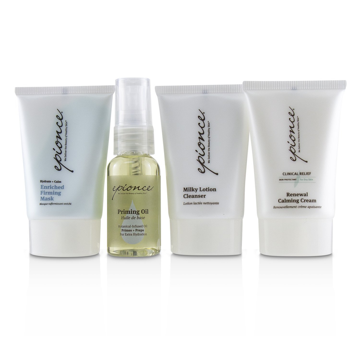 Epionce Kit Recuperación Esencial: Limpiador Loción Lechosa 30ml + Aceite Primador 25ml + Mascarilla Reafirmante Enriquecida 30g + Crema Calmante Renovadora 30g 4pcs