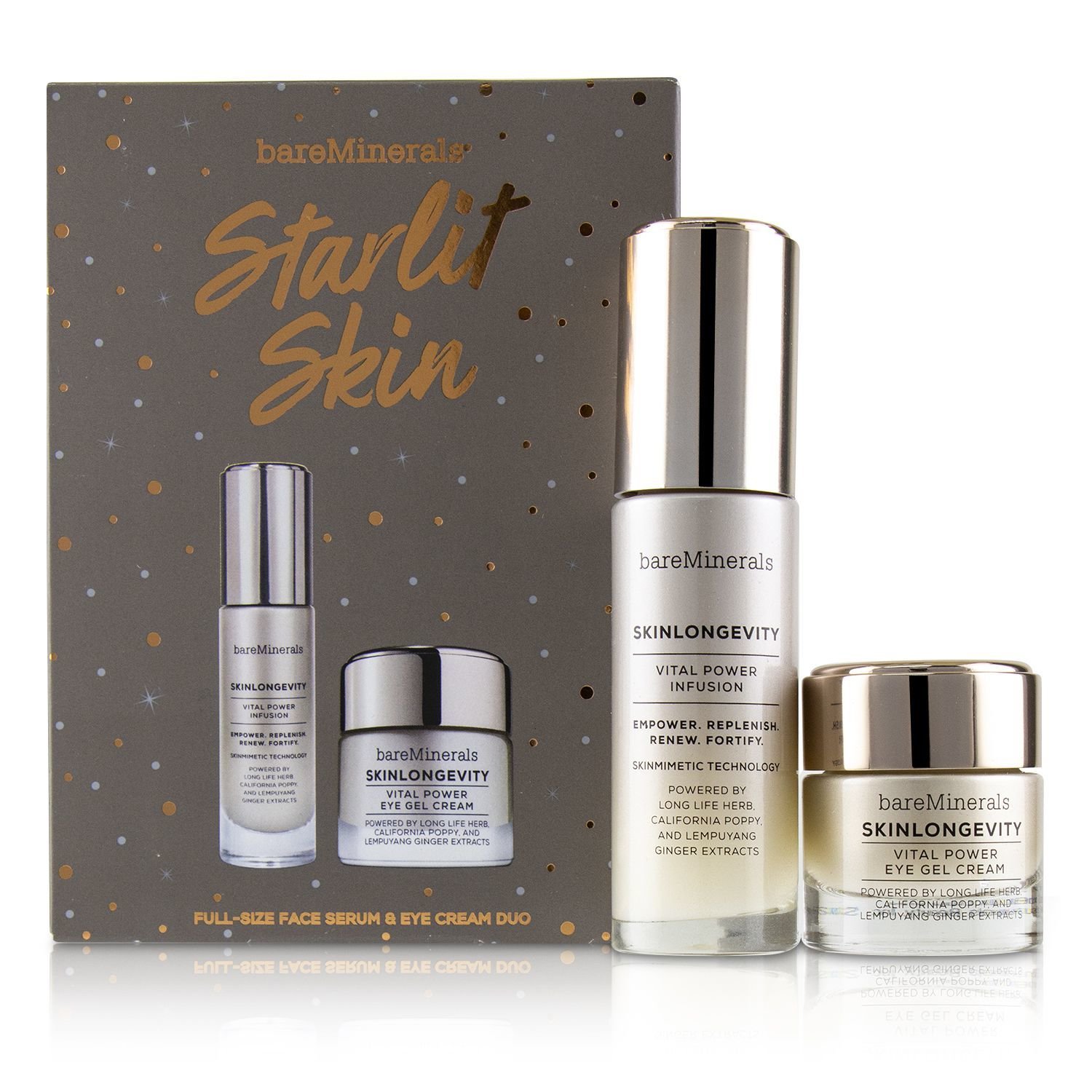 BareMinerals مجموعة Starlit Skin: مزيج فعال Skinlongevity 30مل + كريم جل فعال لبشرة العيون Skinlongevity 15 جرام 2pcs