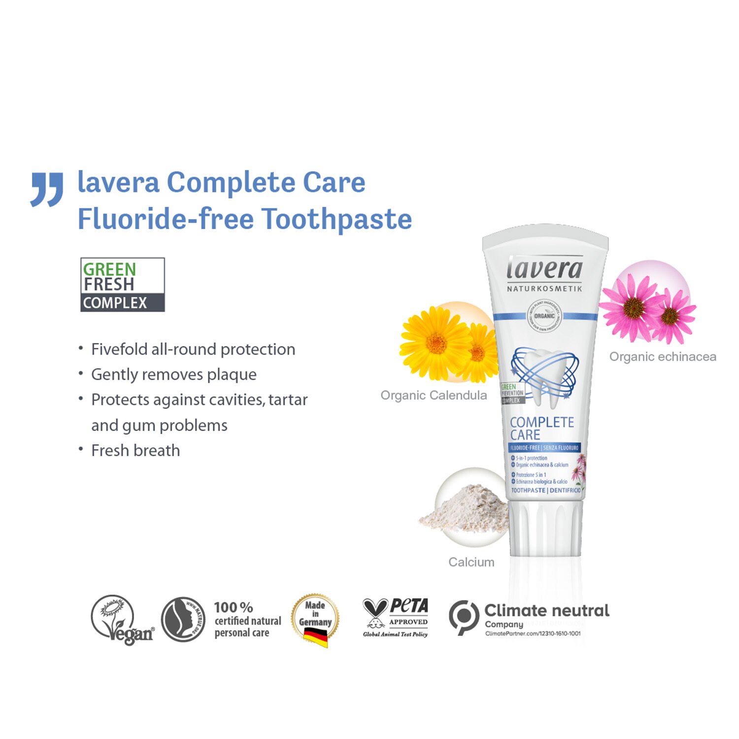 Lavera Toothpaste (Complete Care) - With Organic Echinacea & Calcium (Fluoride-Free) 75ml/2.5oz