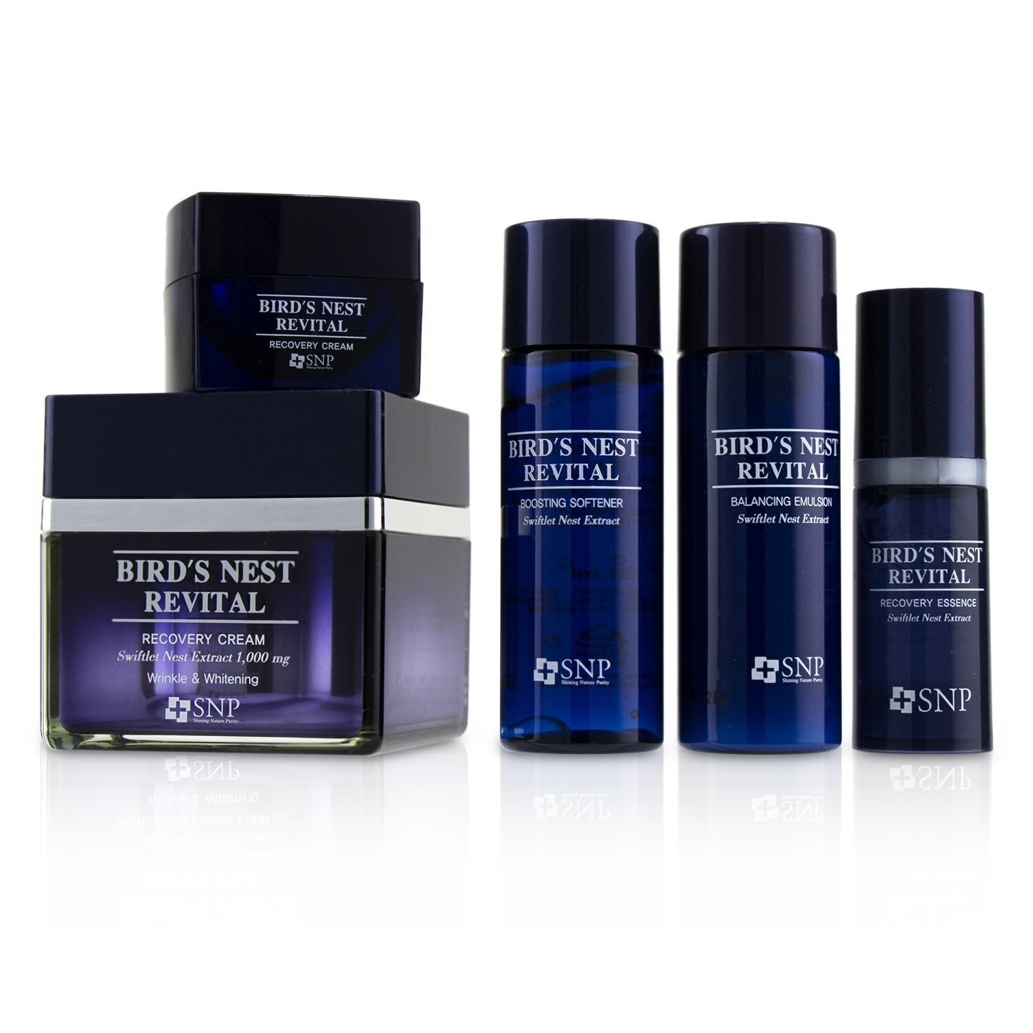 SNP Bird's Nest Revital Recovery Cream Wrinkle & Whitening Set: Cream 50g, Softener 31ml, Emulsion 31ml, Essence 10ml, Cream 10g 5pcs