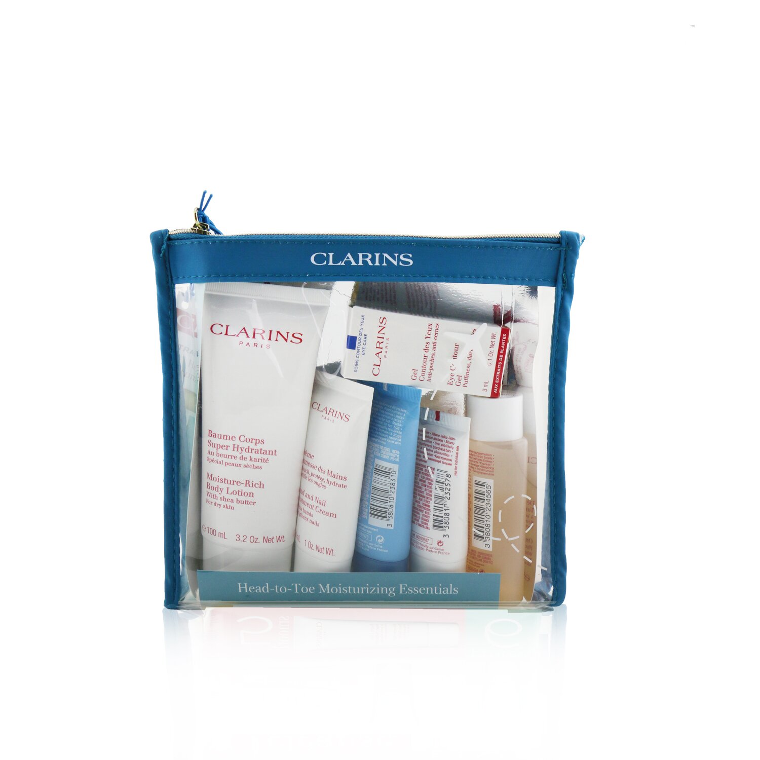 Clarins Head-to-Toe Moisturizing Essentials Set: Facial Cleanser+Eye Gel+Beauty Flash Balm+Hydra-Essentiel Cream+Body Lotion+Hand 6pcs