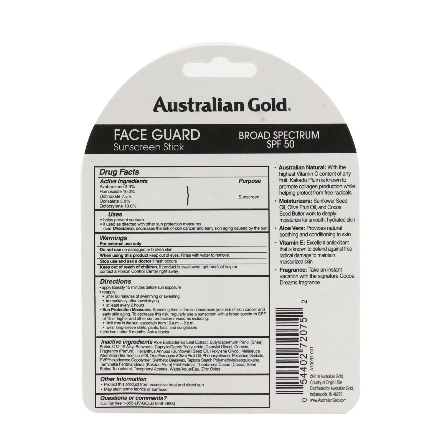 Australian Gold Face Guard Солнцезащитный Стик для Лица SPF 50 14g/0.5oz