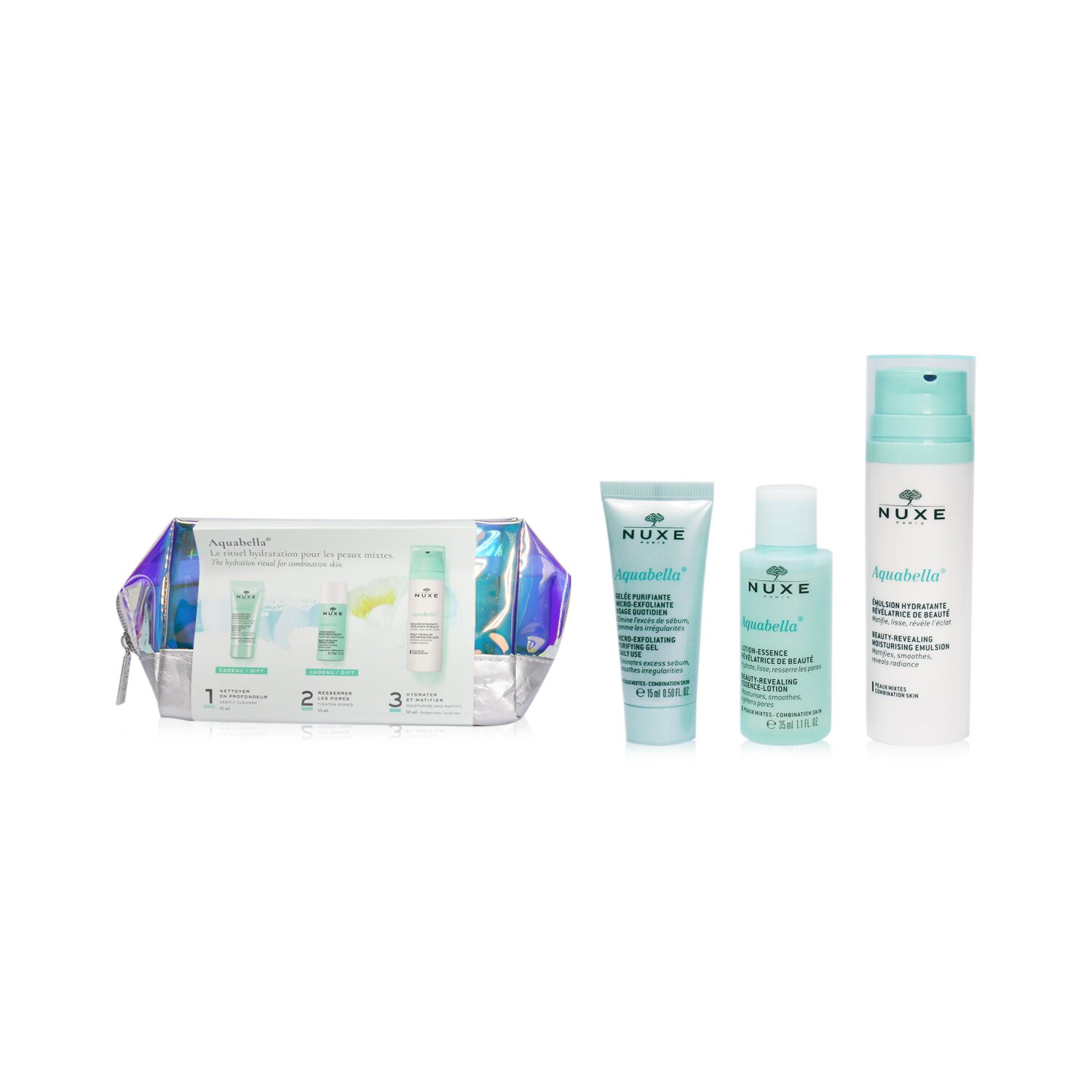 Nuxe Aquabella Hydration Set (สำหรับผิวผสม): Purifying Gel 15ml + Essence-Lotion 35ml + Moisturizing Emulsion 50ml 3pcs+1bag