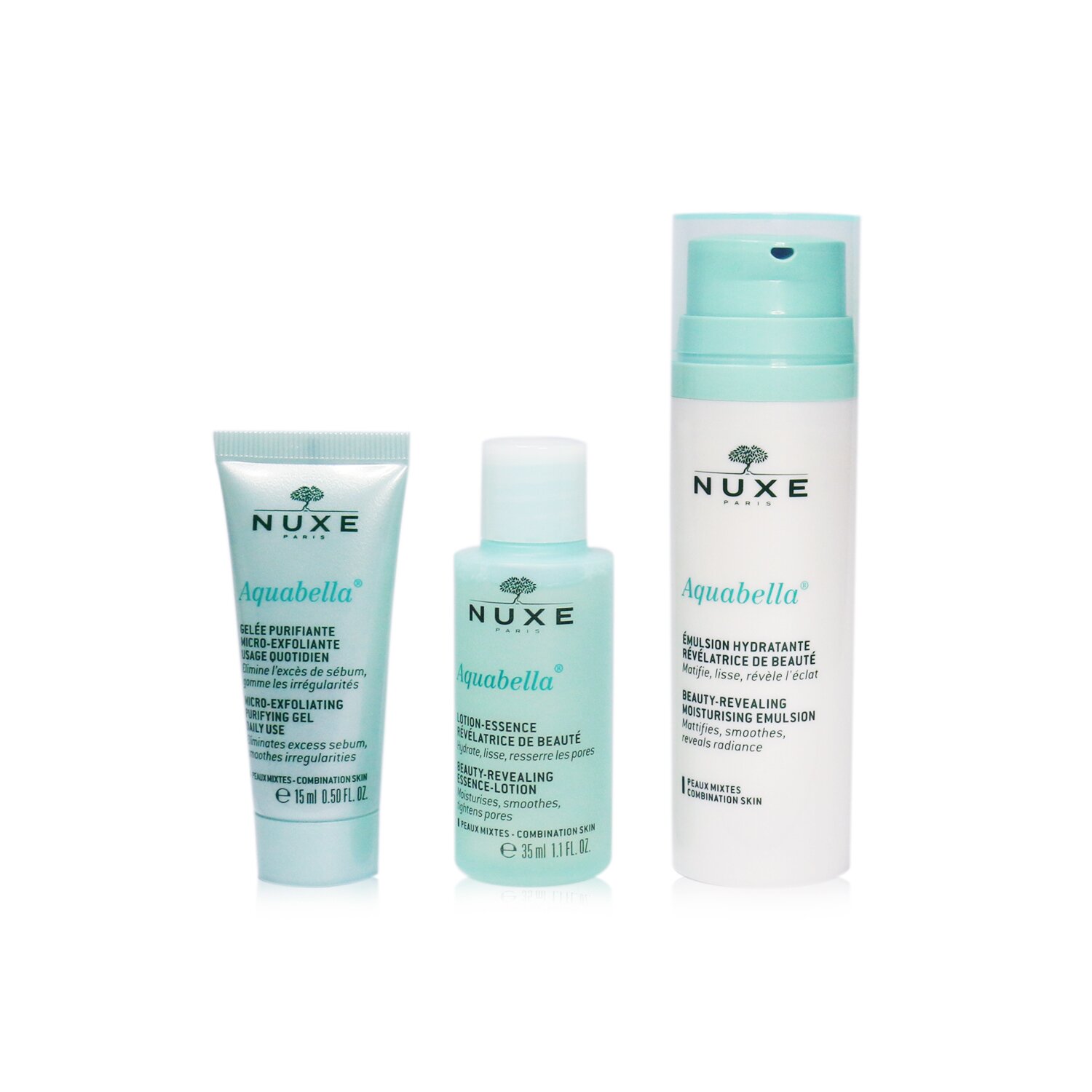 Nuxe Aquabella Hydration Set (สำหรับผิวผสม): Purifying Gel 15ml + Essence-Lotion 35ml + Moisturizing Emulsion 50ml 3pcs+1bag