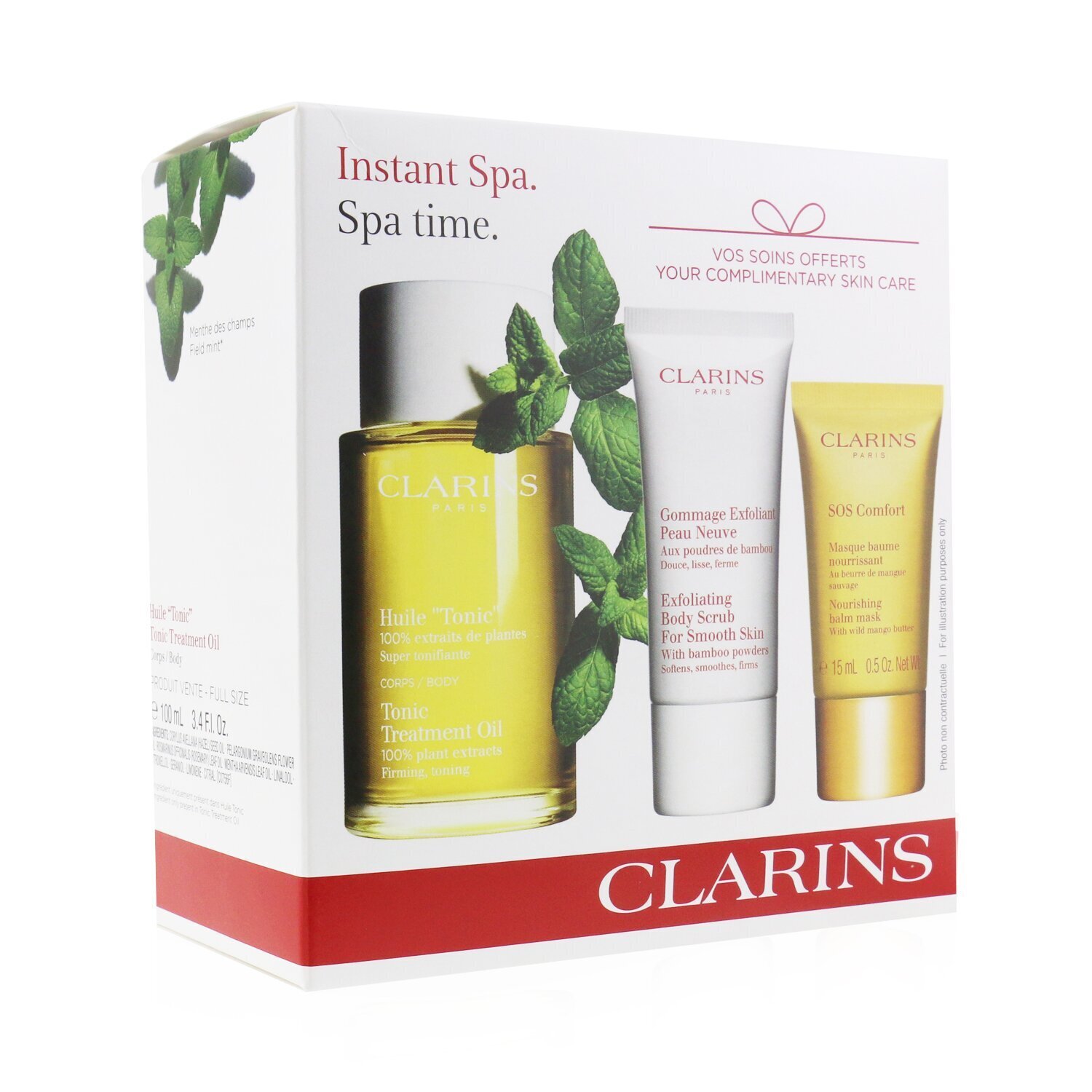 Clarins SPA At Home Set: Tonic Body Treatment Oil 100ml+ Exfoliating Body Scrub 30ml+ SOS Comfort Mask 15ml 3pcs