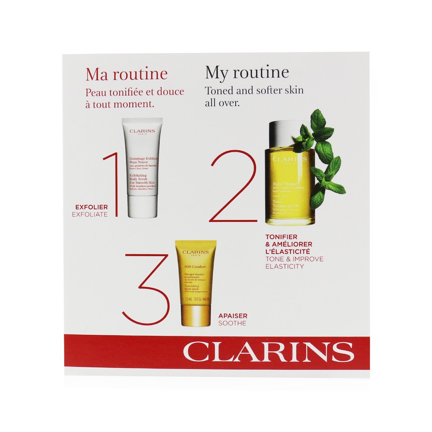 Clarins SPA At Home Set: Tonic Body Treatment Oil 100ml+ Exfoliating Body Scrub 30ml+ SOS Comfort Mask 15ml 3pcs