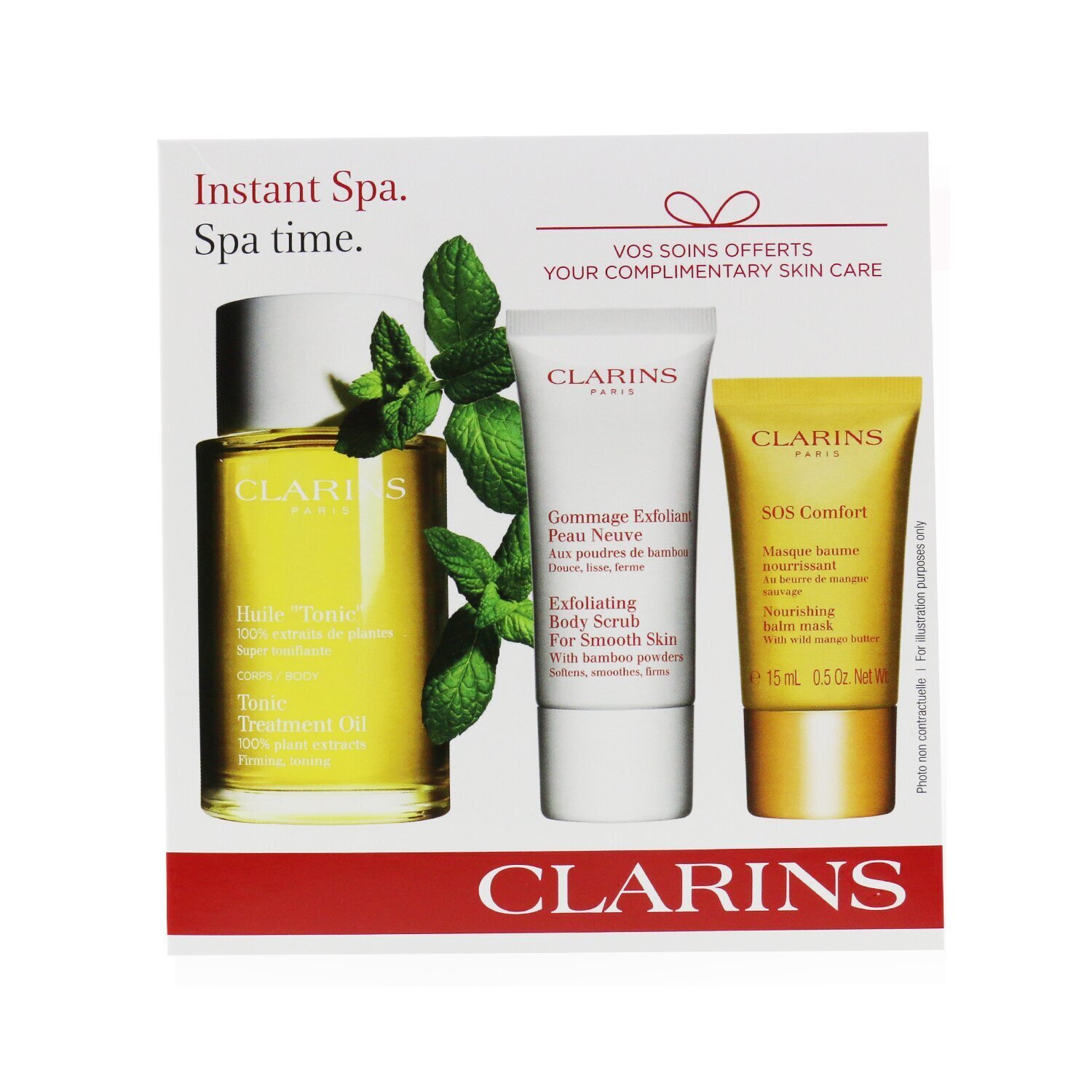 Clarins SPA At Home Set: Tonic Body Treatment Oil 100ml+ Exfoliating Body Scrub 30ml+ SOS Comfort Mask 15ml 3pcs