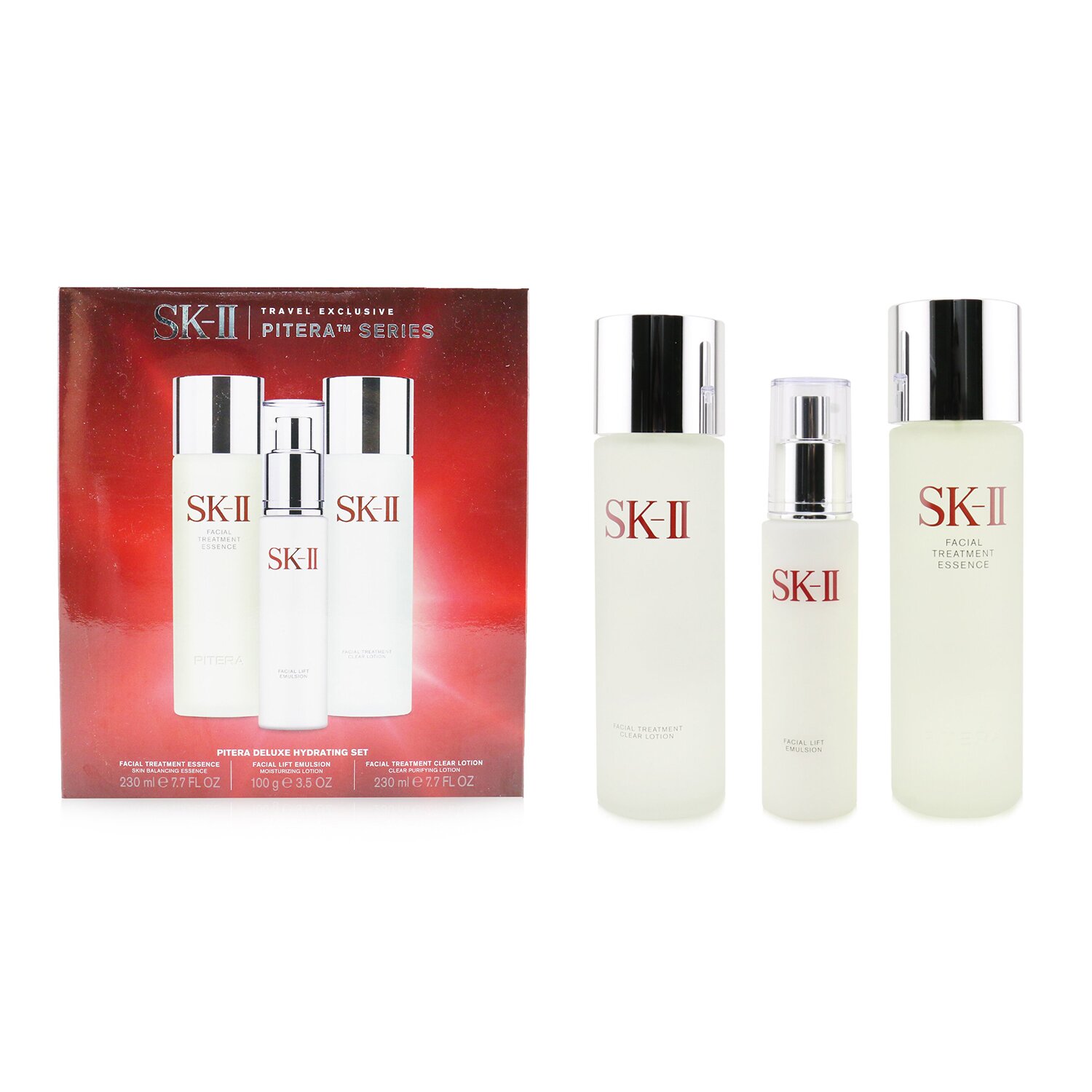 SK II Set Pitera Deluxe Hydrating 3-Piezas: Esencia Tratamiento Facial 230ml + Emulsión Levante Facial 100g + Loción Aclarante Tratamiento Facial 230ml 3pcs