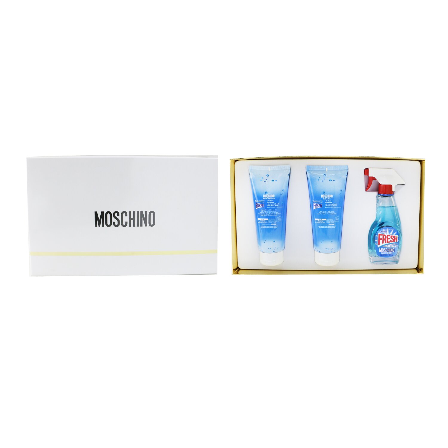 莫斯奇诺 (雾仙浓) Moschino 清洁剂（酷爽）香氛套装：淡香水喷雾 50ml/1.7oz + 身体乳 100ml/3.4oz + 沐浴露 100ml/3.4oz 3pcs