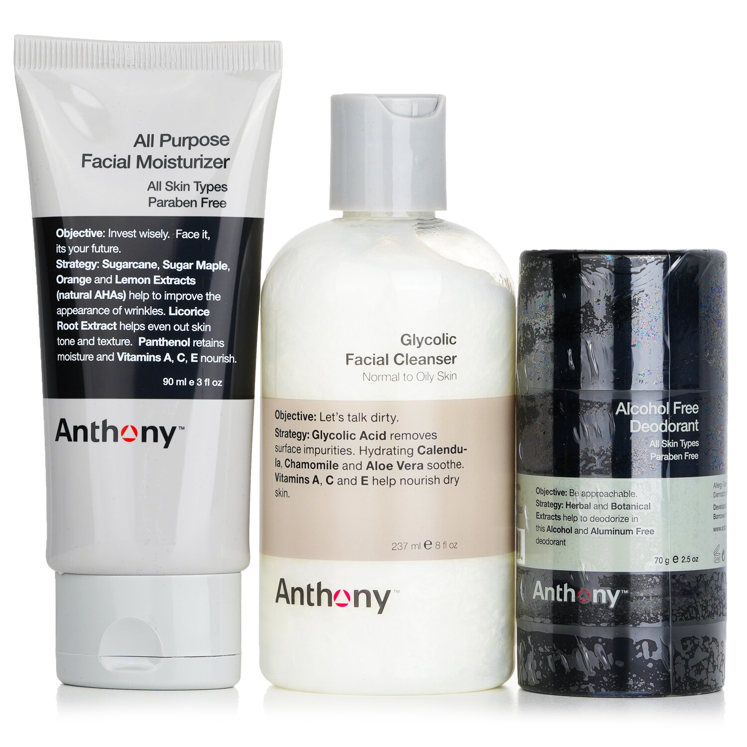 Anthony Basic Kit With Alcohol Free Deodorant: Cleanser 237ml + Moisturizer 90ml + Deodorant 70g 3pcs