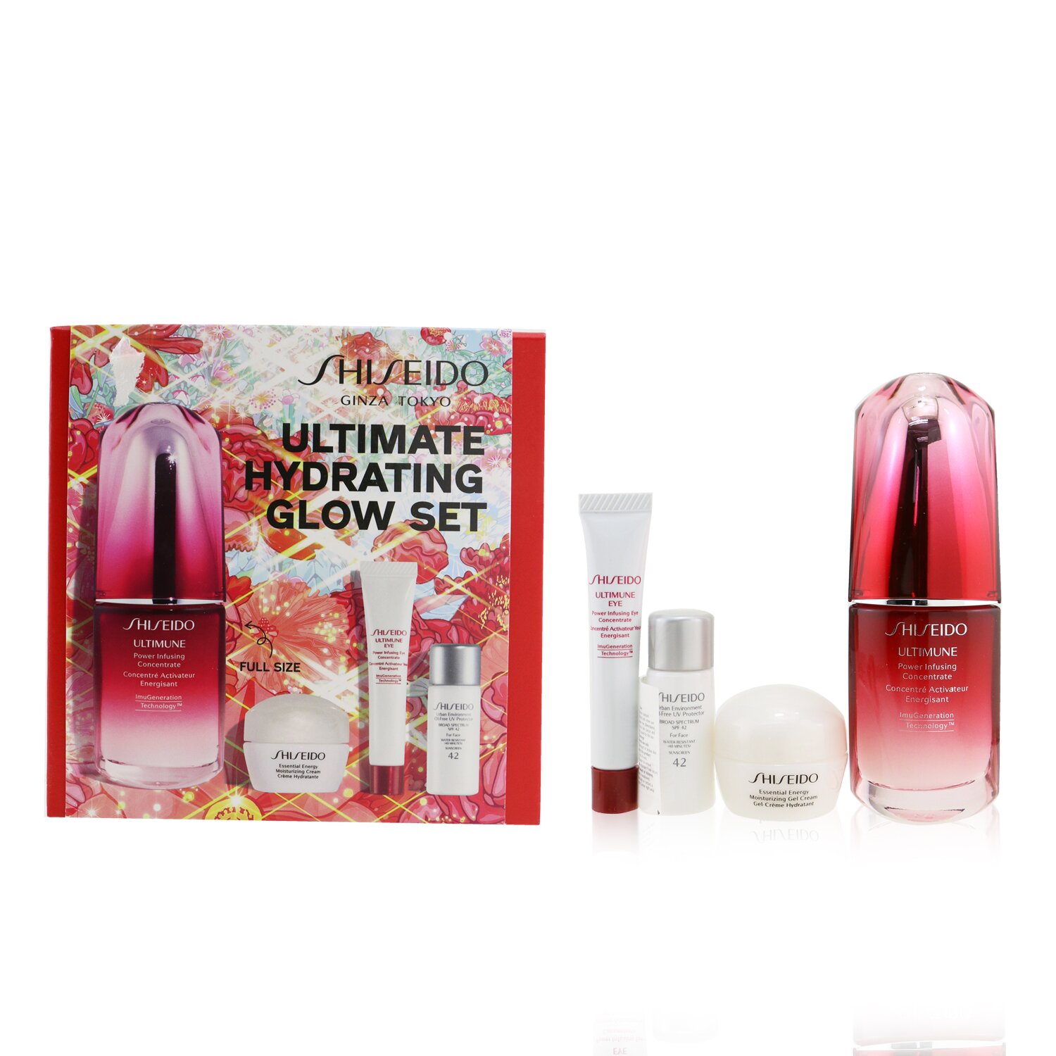 Shiseido Ultimate Hydrating Glow Set: Ultimune Power Infusing Concentrate 30ml + Moisturizing Gel Cream 10ml + Eye Concentrate 5ml + SPF 42 Sunscreen 7ml (Box Slightly Damaged) 4pcs