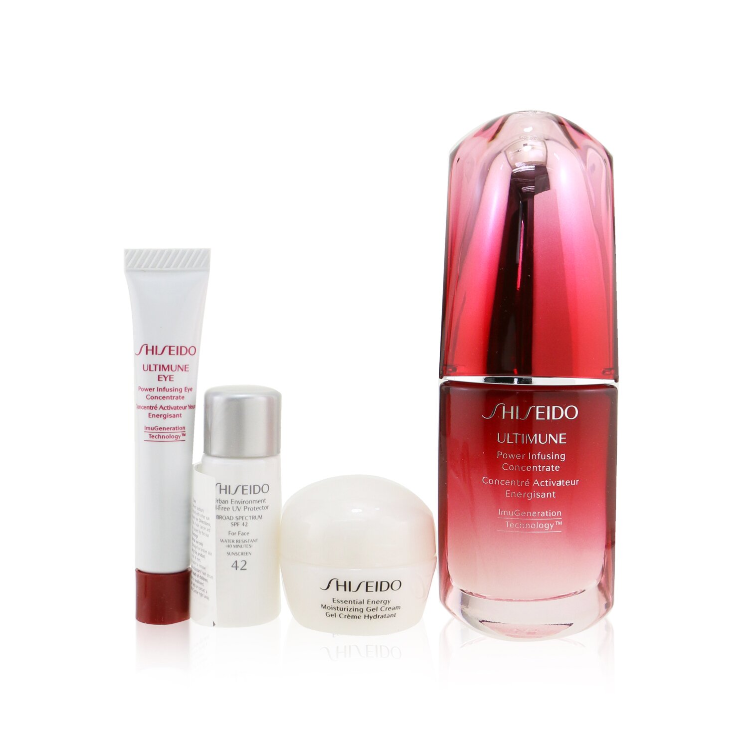 Shiseido Ultimate Hydrating Glow Set: Ultimune Power Infusing Concentrate 30ml + Moisturizing Gel Cream 10ml + Eye Concentrate 5ml + SPF 42 Sunscreen 7ml (Box Slightly Damaged) 4pcs