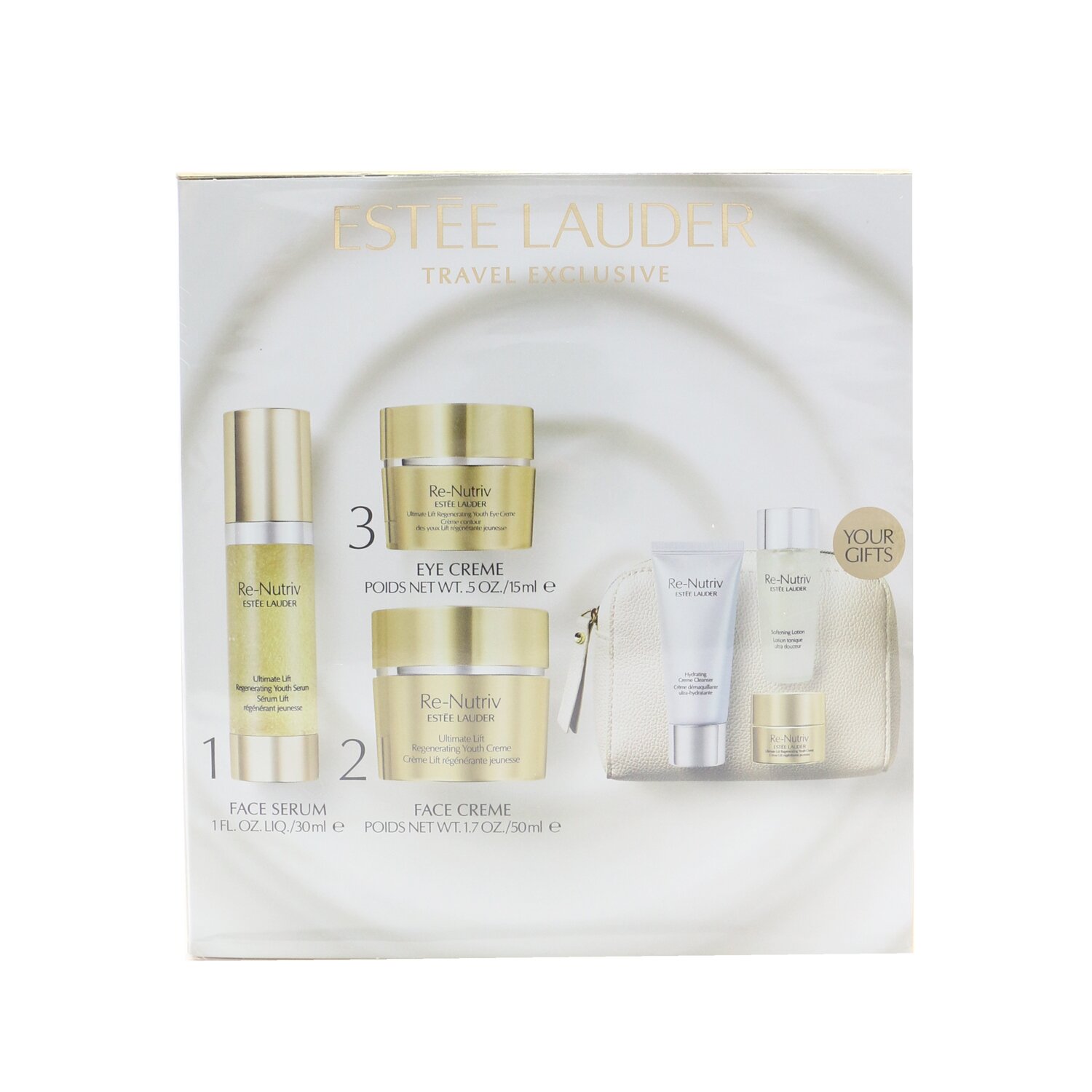 Estee Lauder Re-Nutriv Ultimate Lift Regenerating Youth Precious Collection: Creme 50ml+Serum 30ml+Eye Creme 15ml+Lotion 30ml+Cleanser.... 6pcs+1bag