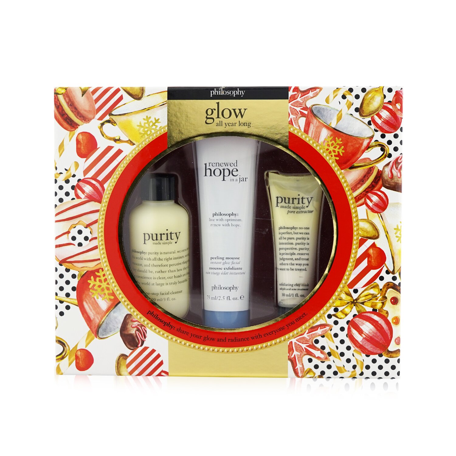 フィロソフィー Philosophy Glow All Year Long 3-Pieces Gift Set: One-Step Facial Cleanser 90ml + Peeling Mousse 75ml + Exfoliating Clay Mask 30ml (Exp. Date 08/2021) 3pcs