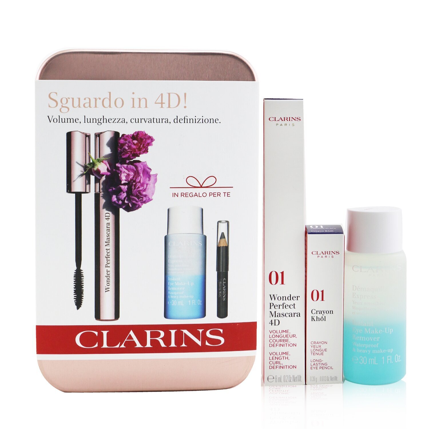 Clarins Wonder Perfect Mascara 4D Set: Mascara 8ml + Instant Eye Make Up Remover 30ml + Mini Crayon Khol 3pcs