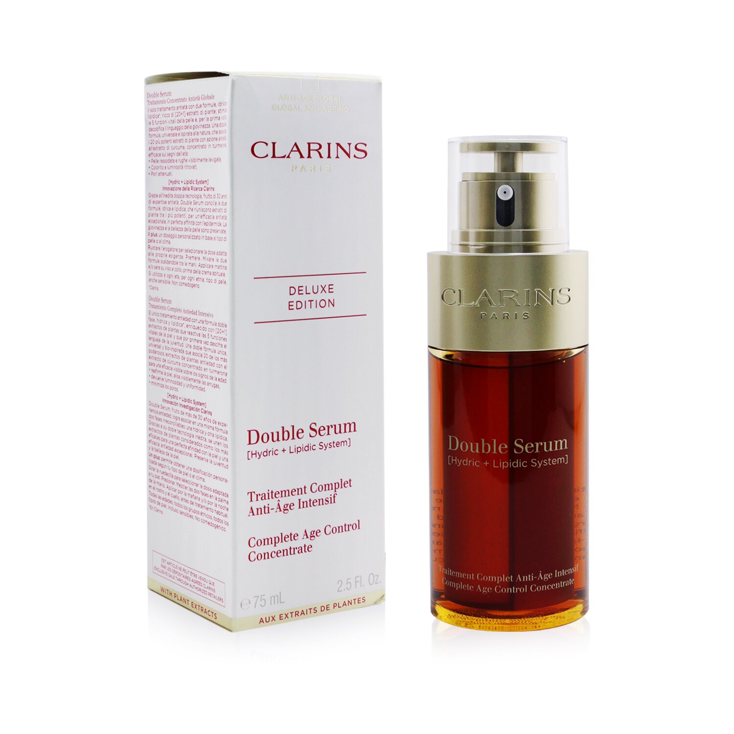 Clarins سيرم مزدوج (نظام هيدريك + شحم) محلول لضبط آثار التقدم بالسن (دفعة ديلوكس) (علبة متضررة قليلاً) 75ml/2.5oz